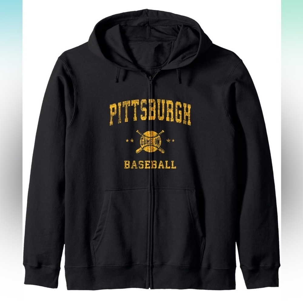 Pittsburgh Vintage Baseball Throwback Retro Design Full Zip Hoodie Sz XL Black